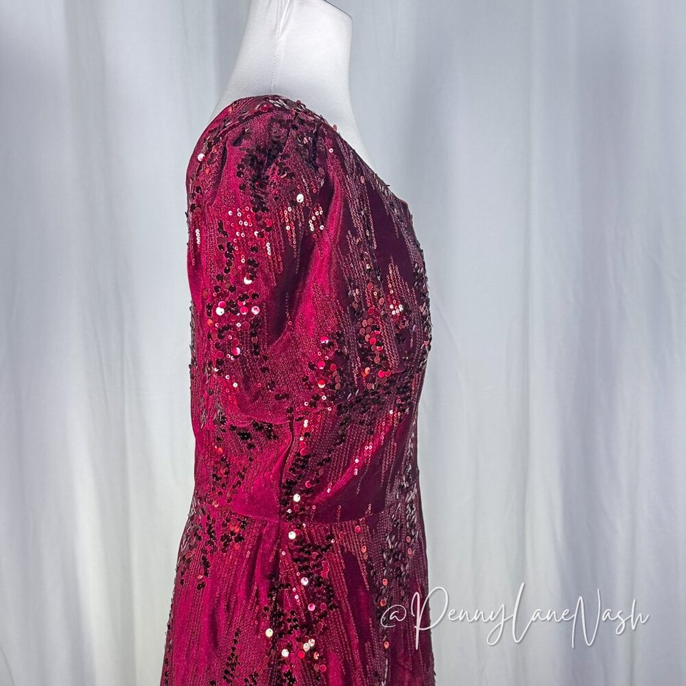 Kensie One-Shoulder Fit & Flare Sequin Velvet Formal Dress Burgundy - Picture 14 of 15